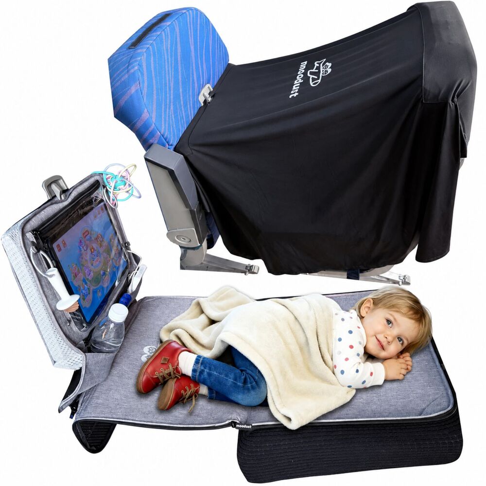 4-in-1 Toddler Travel Comfort Set - Portable Footrest Hammock, Blackout Blanket